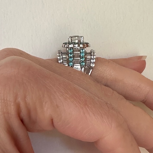 Silver Cocktail Ring Engagement Ring Round CZ Center with Halo, White & Blue CZ - Picture 12 of 16